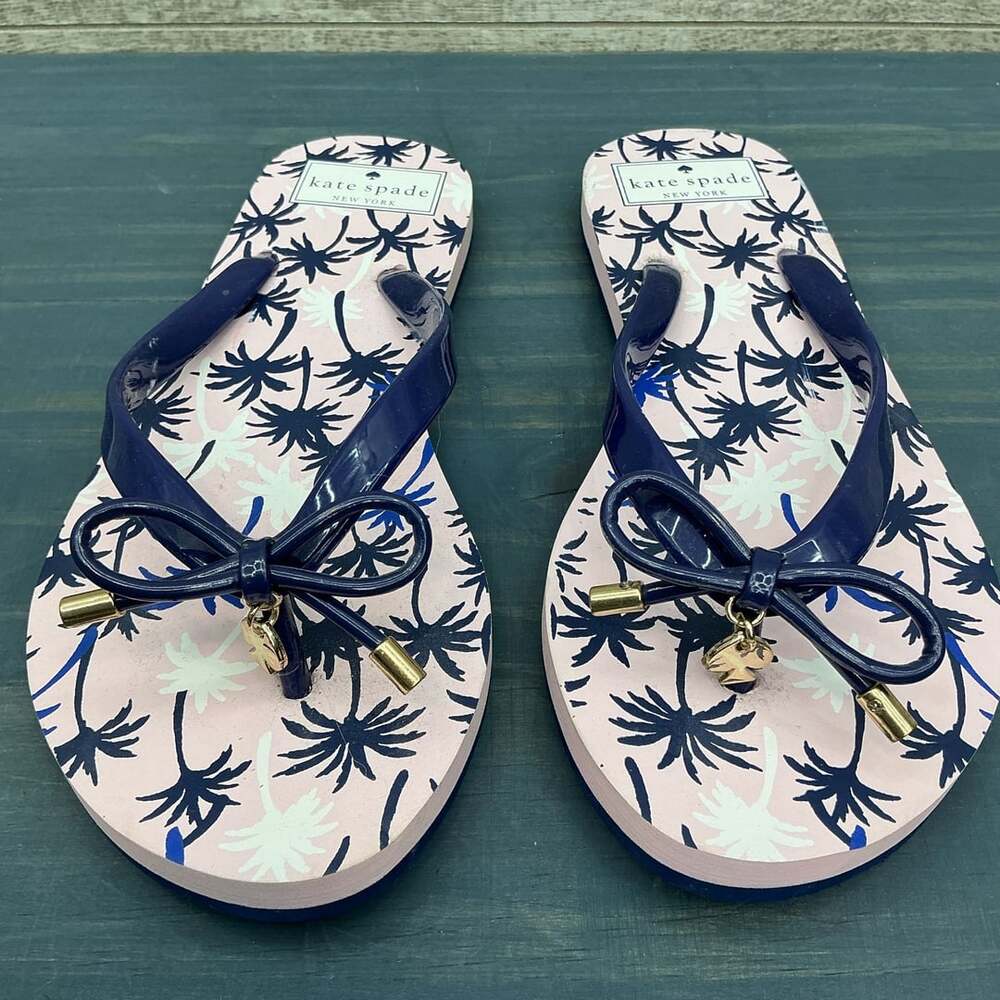 Kate Spade New York Nova Pink Blue Palm Trees Bow Flip Flop sandals 5-6